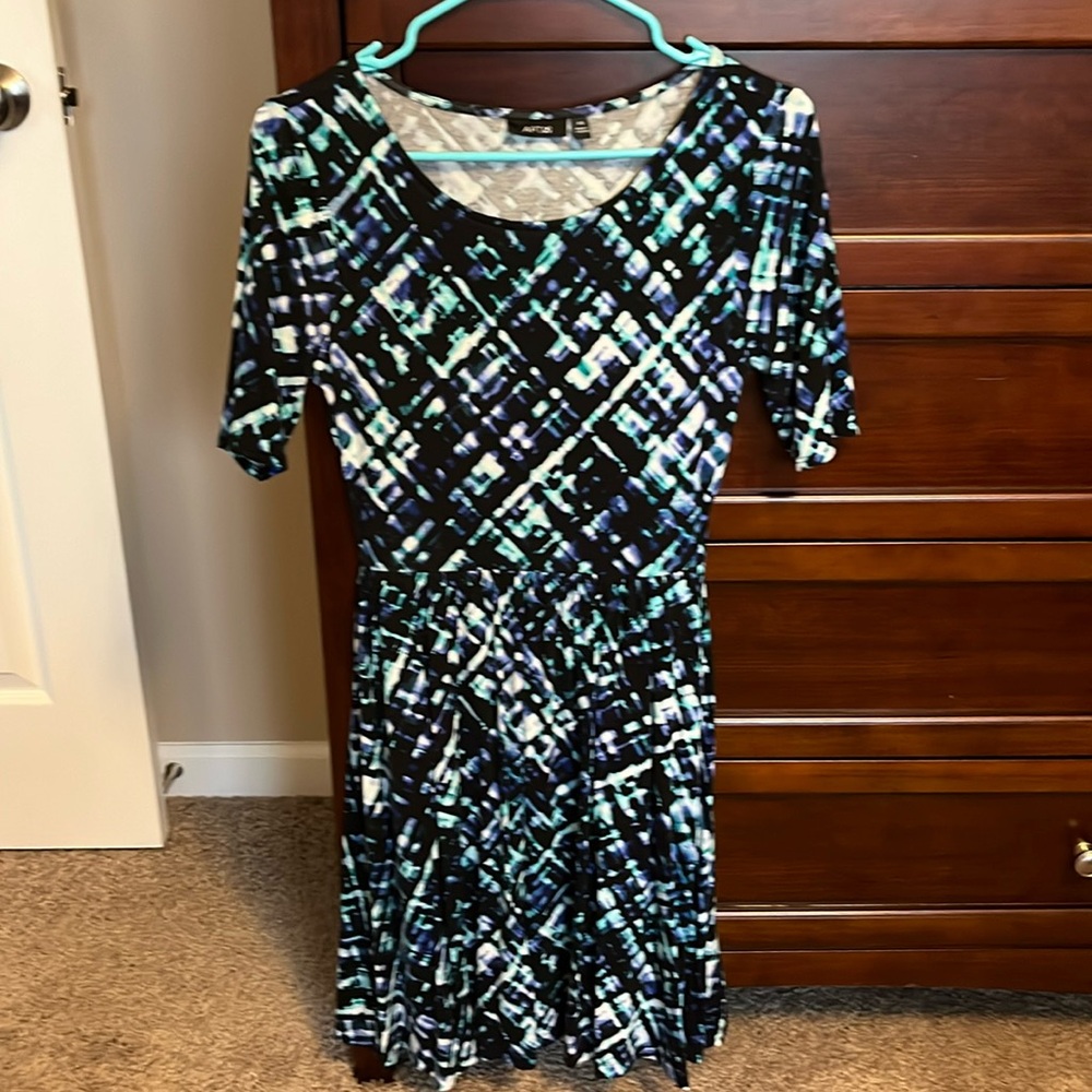 Apt. 9 Women’s Stretch Quarter Length Sleeve Dress Size XS Blue Teal White Print